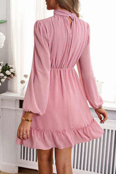 The Ruched Mock Neck Balloon Sleeve Dress