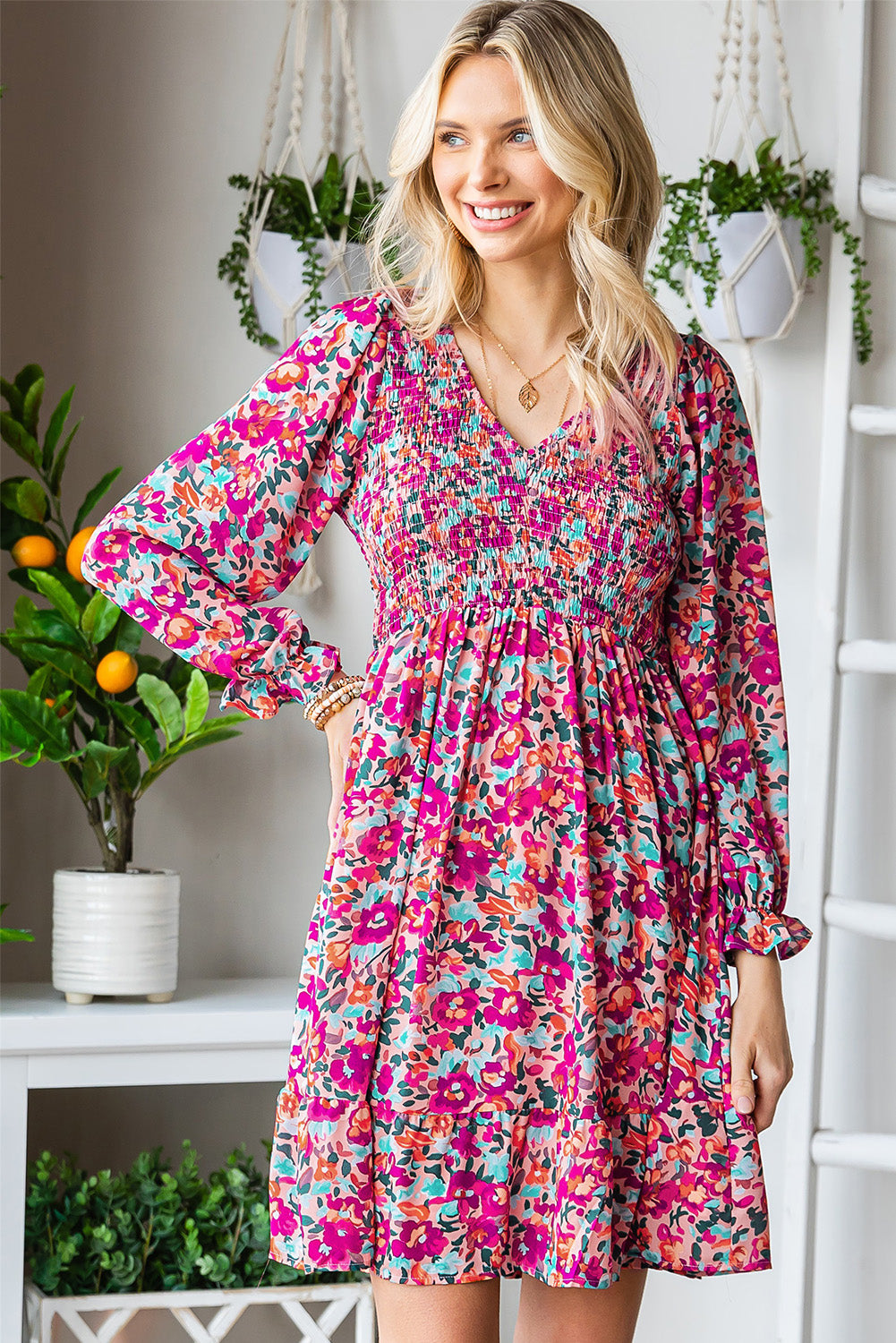 The Three-Quarter Floral Flounce Sleeve Dress