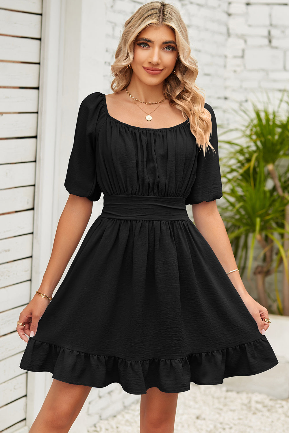 The Ruched Ruffle Hem Short Sleeve Dress