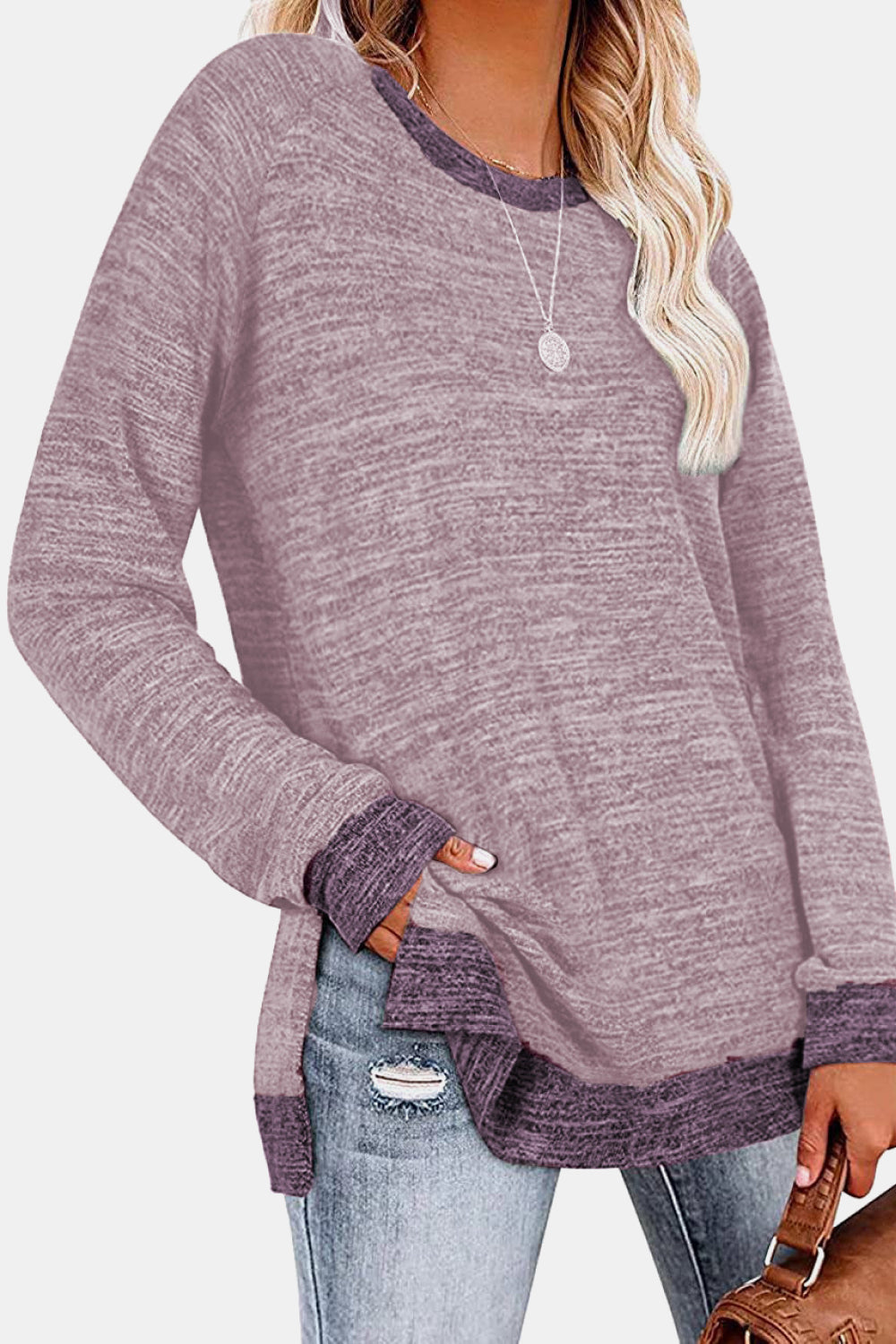 The Round Neck Long Sleeve Slit Sweatshirt