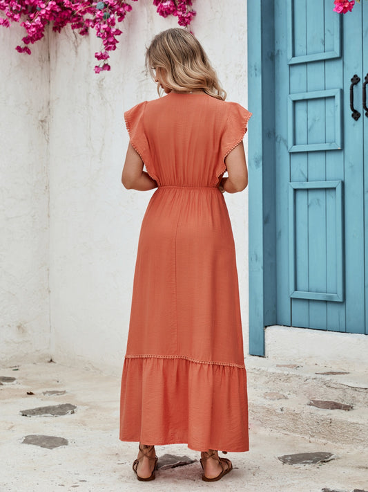 The Terracotta Ruffled Surplice Cap Sleeve Dress