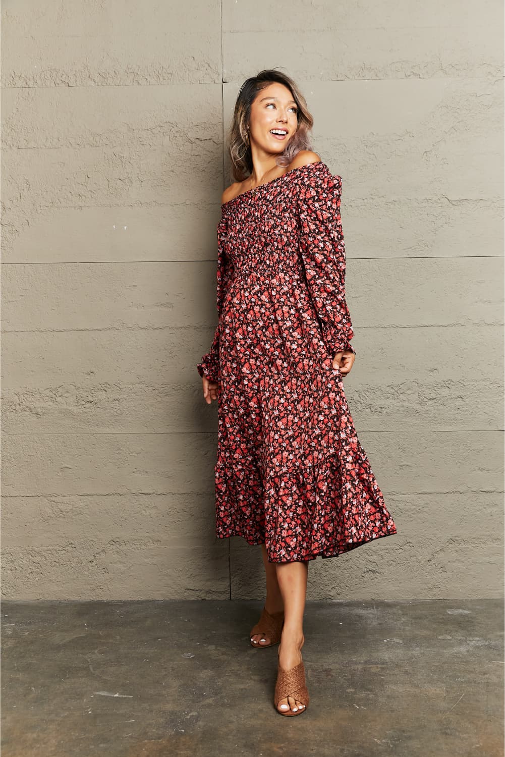 The Fall FLoral Off-Shoulder Midi Dress