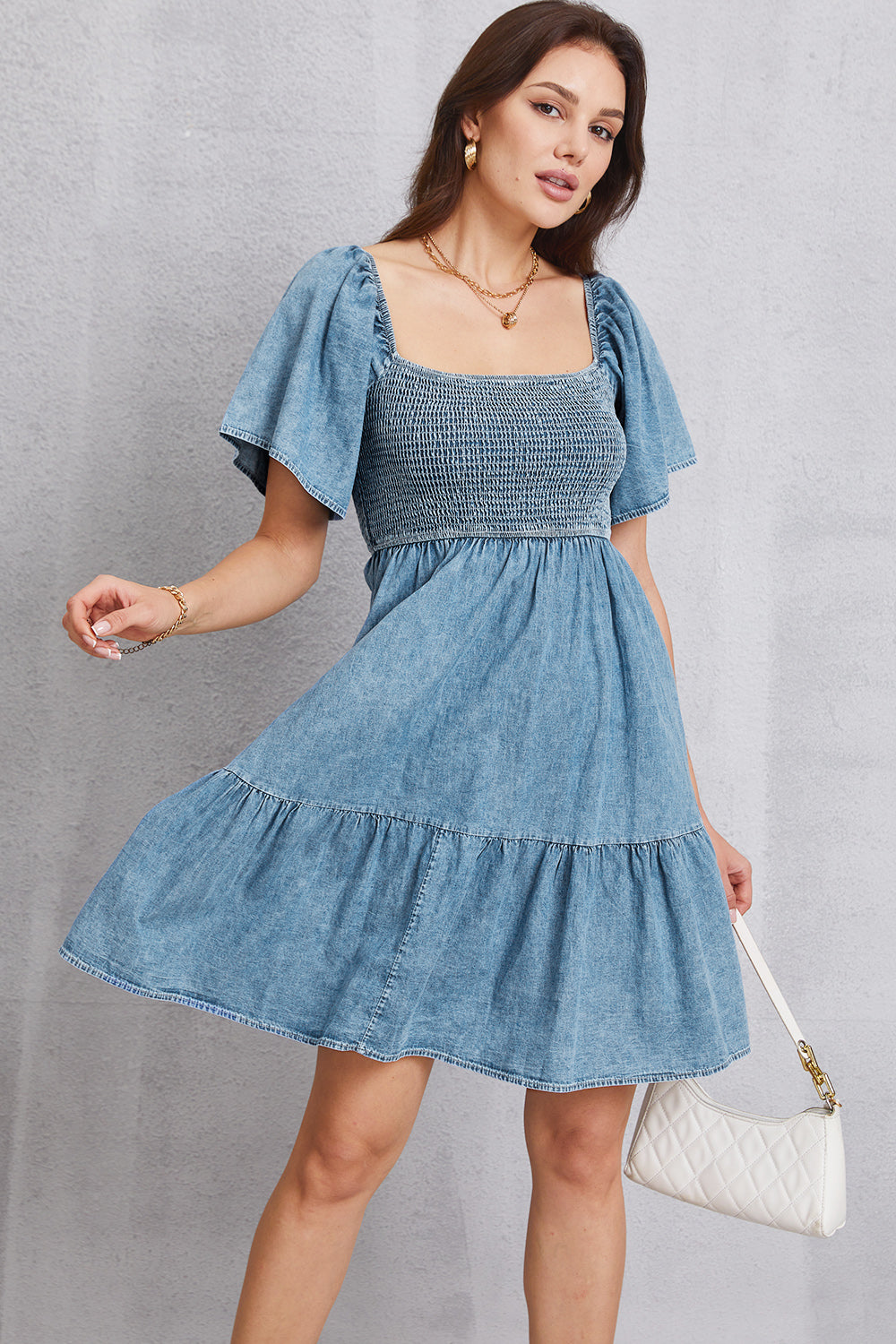 The Smocked Square Neck Mini Denim Dress