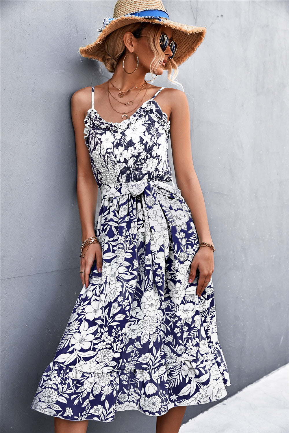 The Navy and White Floral Spaghetti Strap Dress