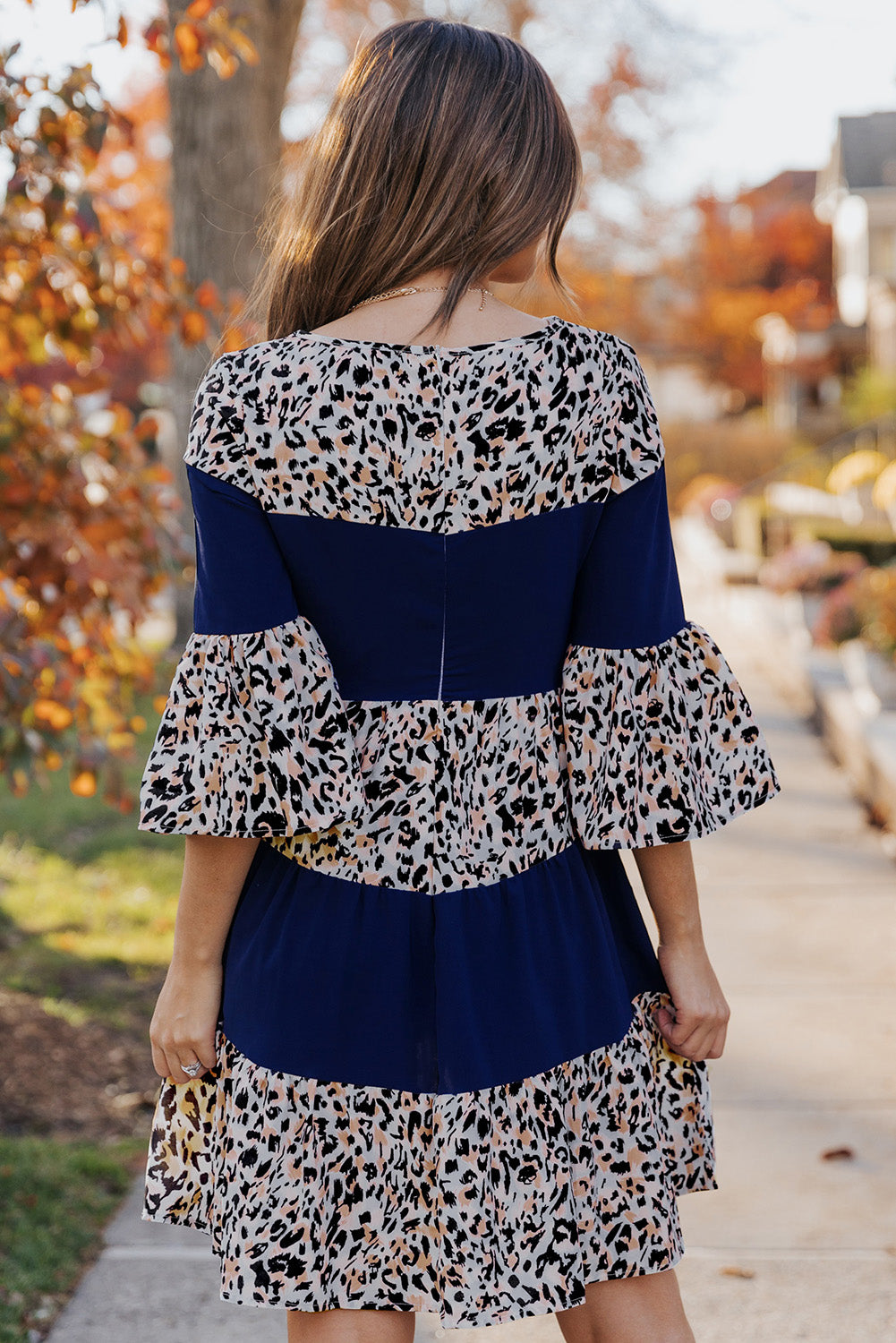 The Animal Print Color Block Flare Sleeve Dress