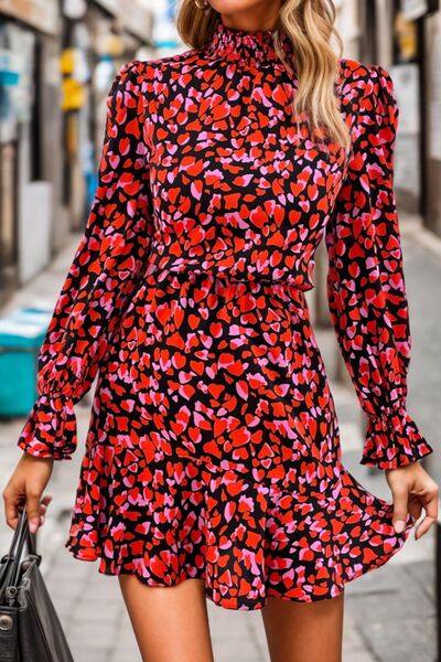 The Heart Printed Mock Neck Flounce Sleeve Dress