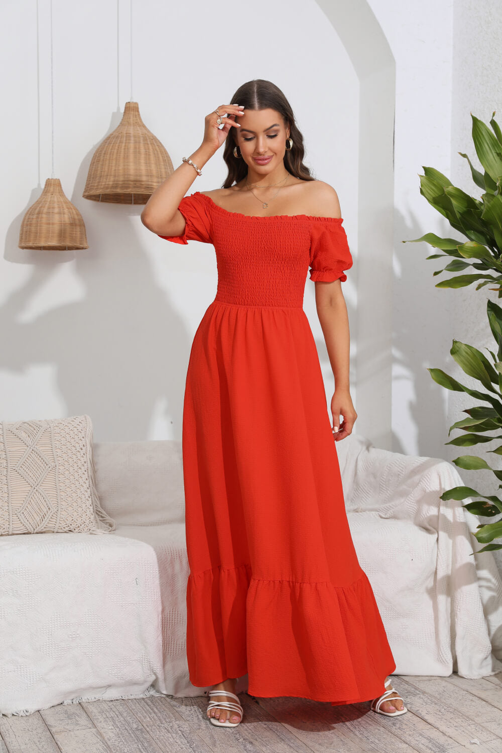 The Red-Orange Off-Shoulder Maxi Dress