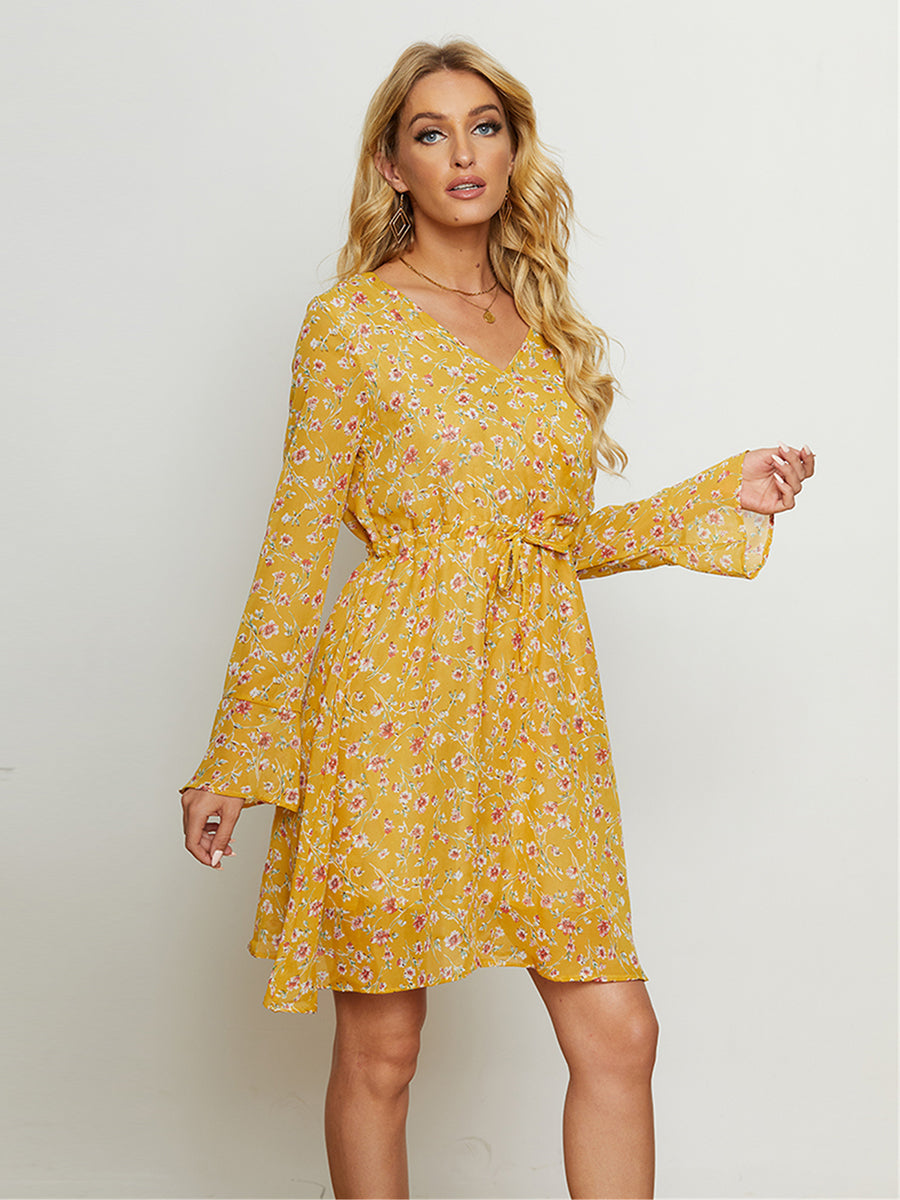 The Mustard Floral Drawstring Waist Dress