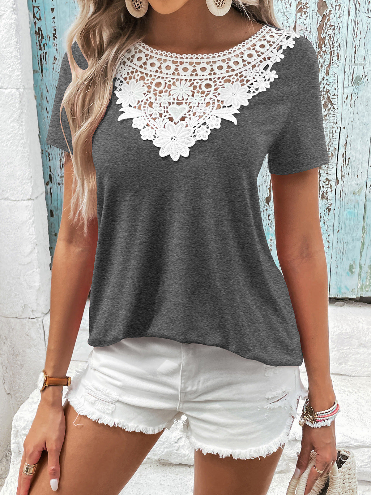 The Lace Contrast Short Sleeve Top