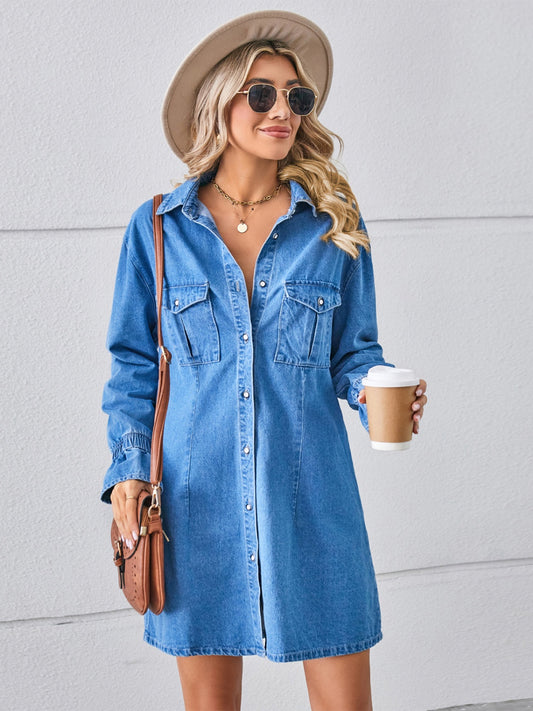 The Pocketed Dropped Shoulder Mini Denim Dress