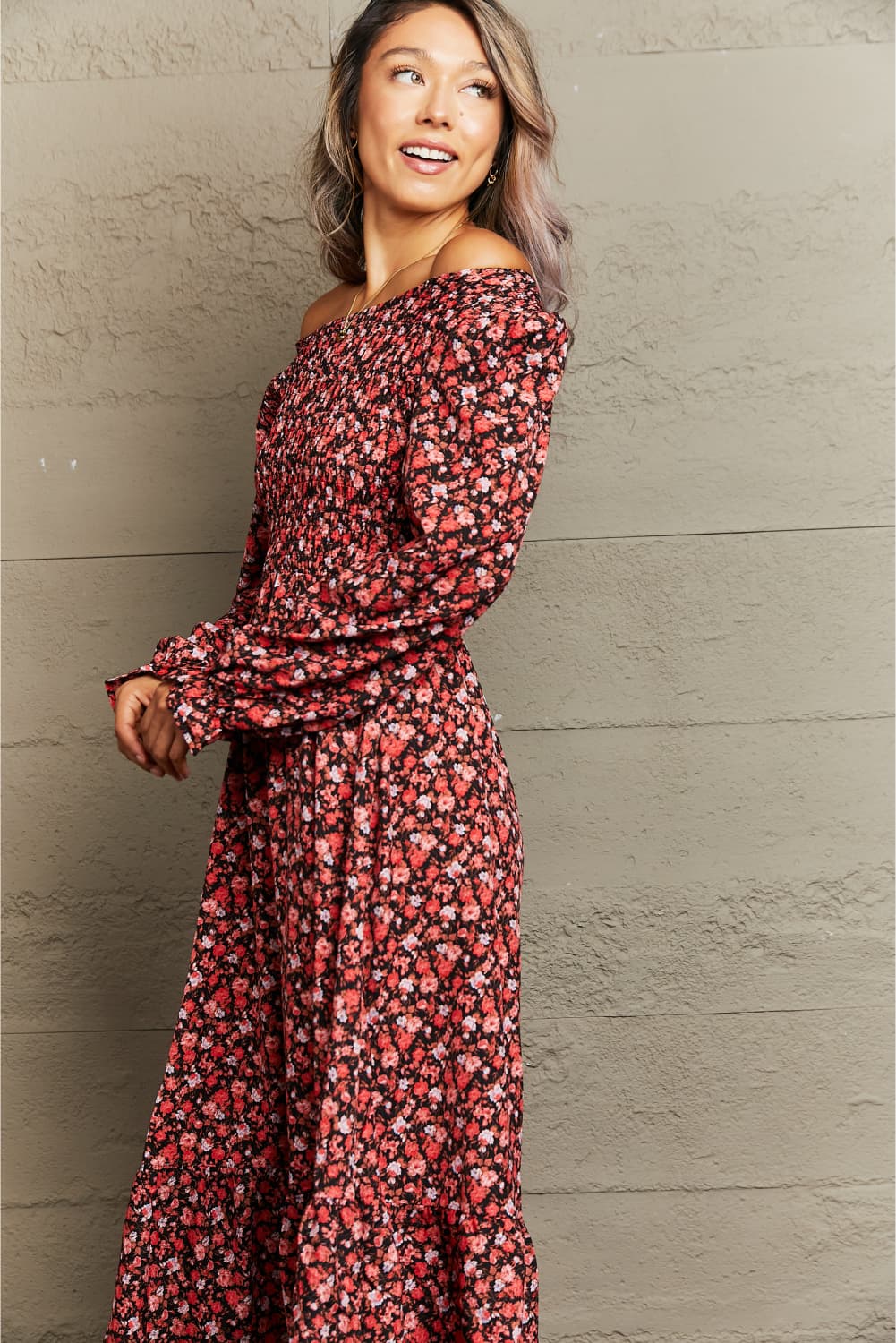 The Fall FLoral Off-Shoulder Midi Dress