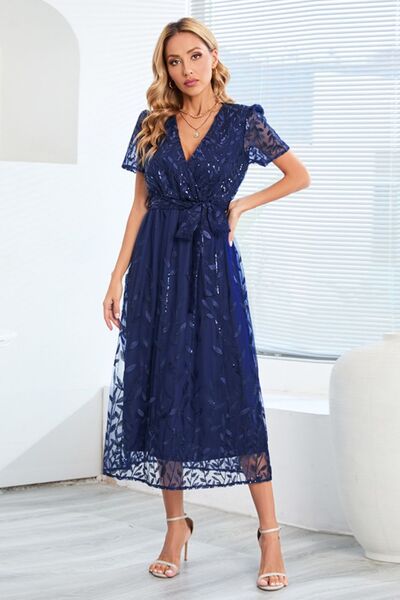 The Sequin Leaf Embroidery Tie Front Dress