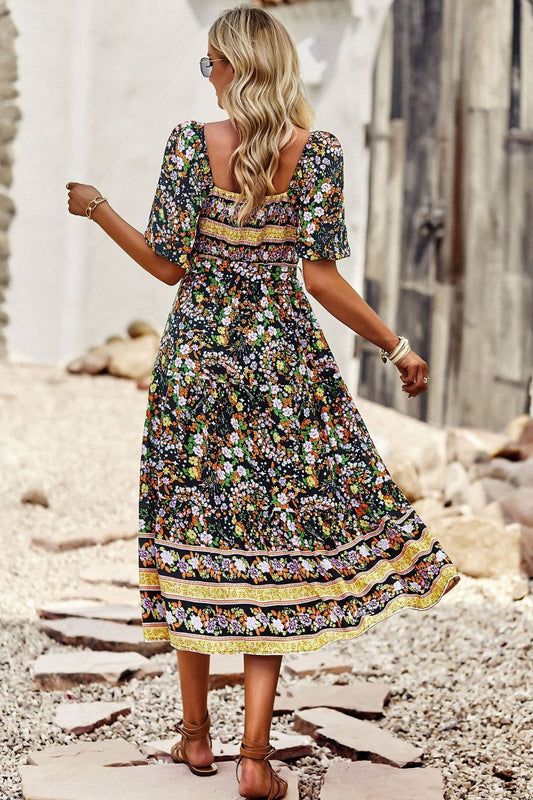 The Bohemian Square Neck Short Sleeve Midi Dress