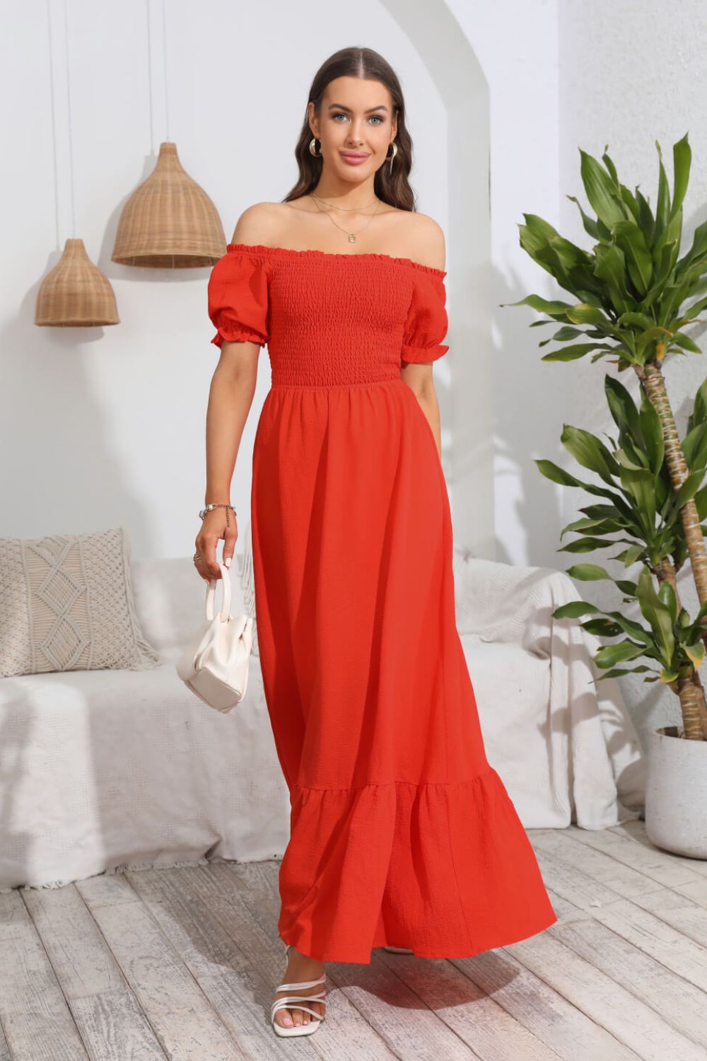 The Red-Orange Off-Shoulder Maxi Dress