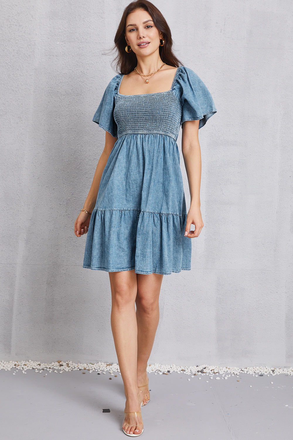 The Smocked Square Neck Mini Denim Dress