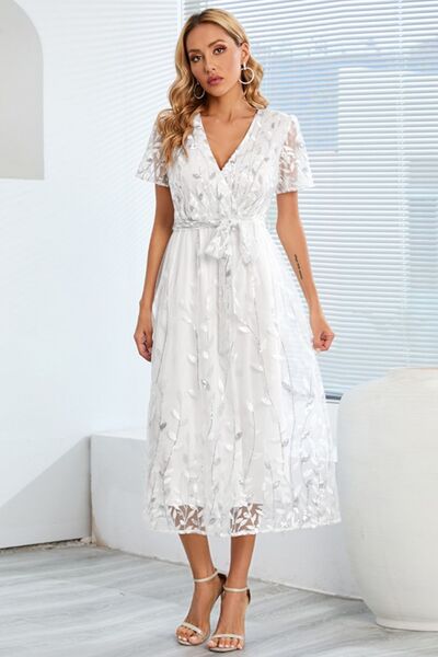 The Sequin Leaf Embroidery Tie Front Dress