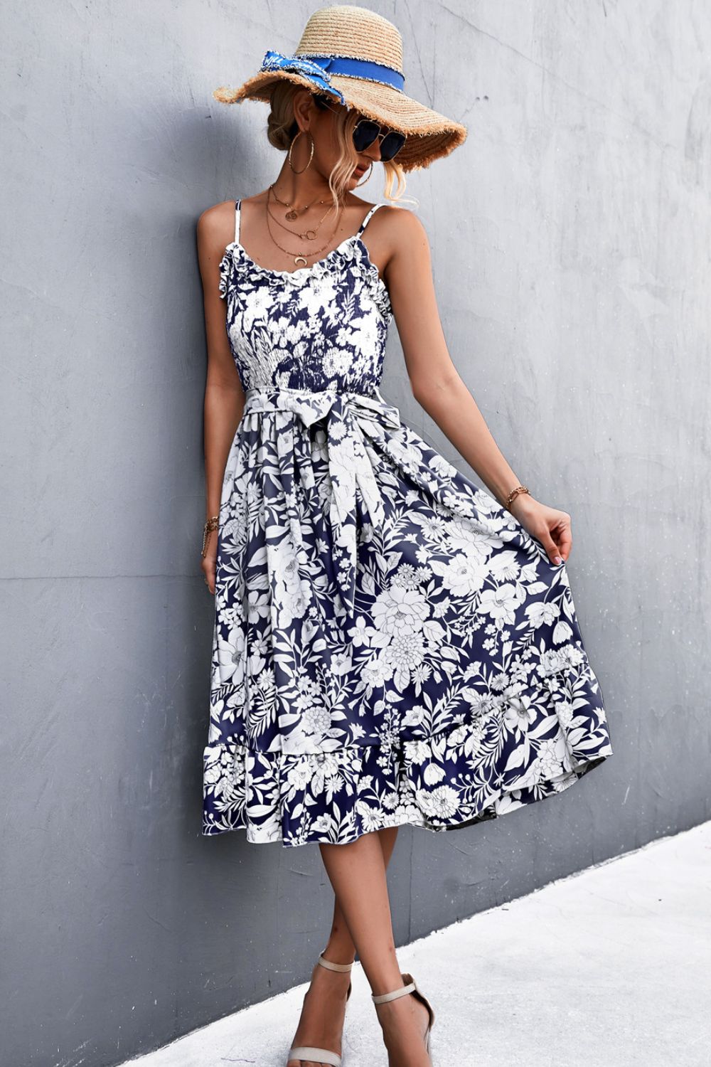 The Navy and White Floral Spaghetti Strap Dress