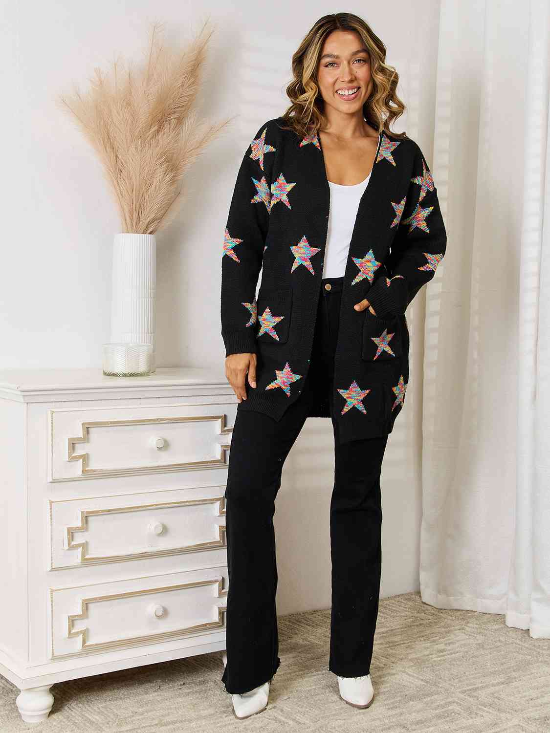 The Star Pattern Open Front Cardigan with Pockets