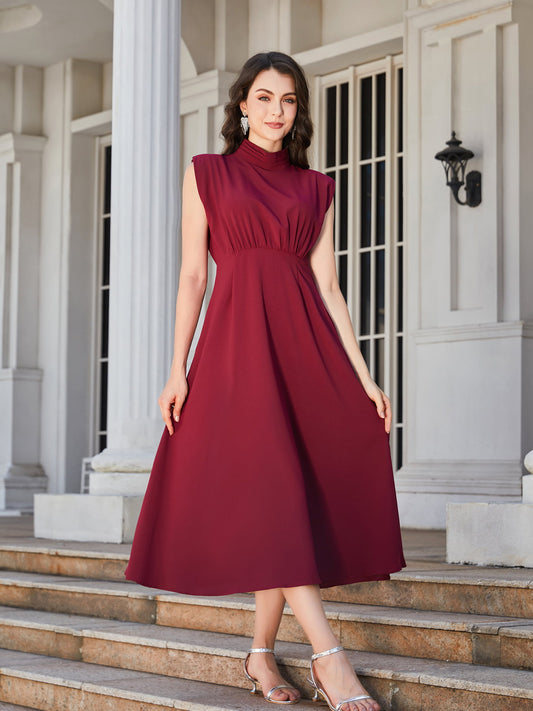 The Ruched Mock Neck Cap Sleeve Midi Dress