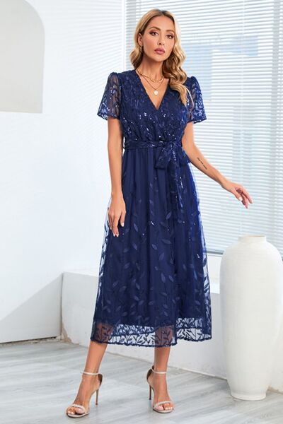 The Sequin Leaf Embroidery Tie Front Dress