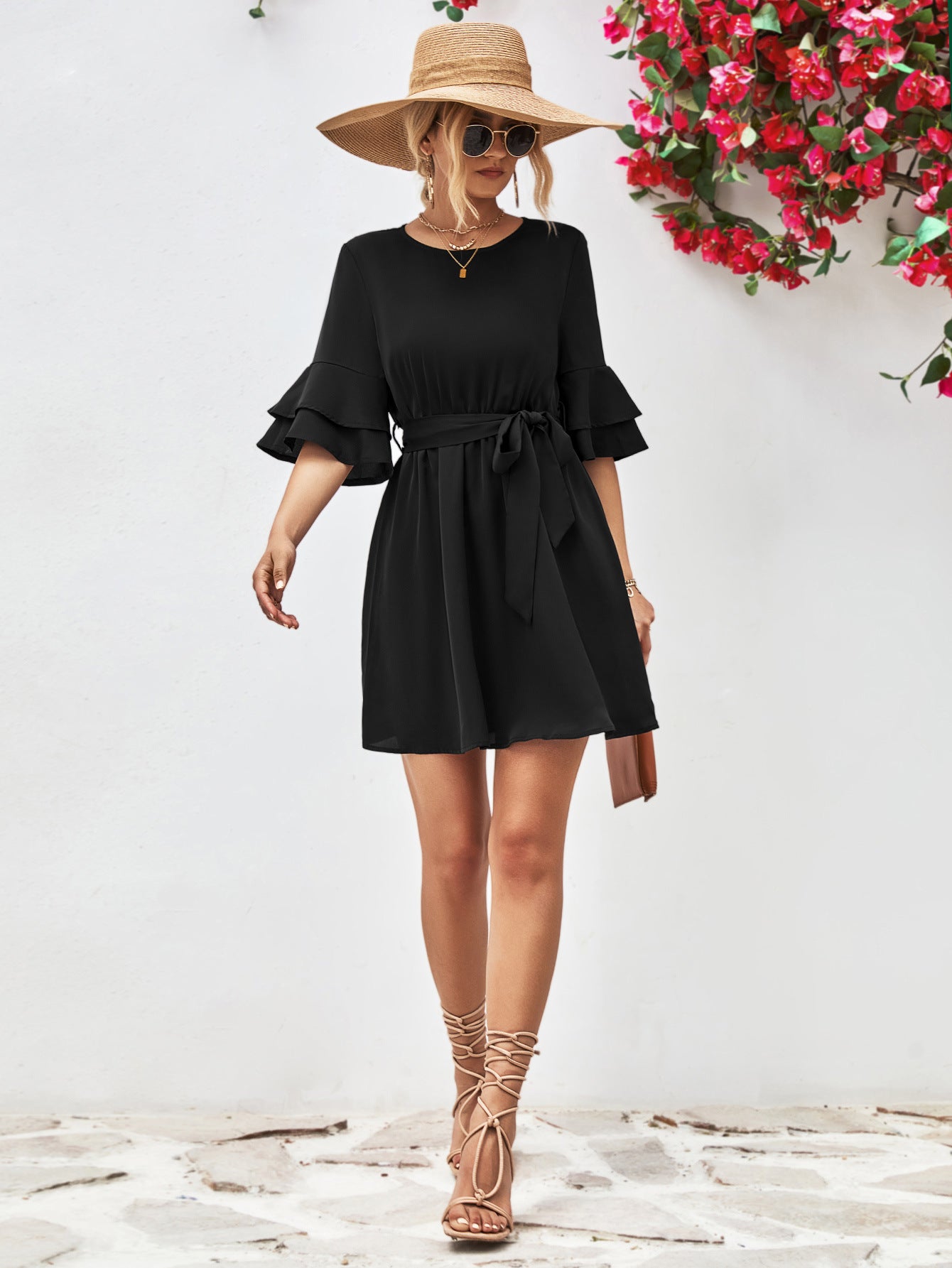 The Thriver Tie Belt Flounce Sleeve Dress