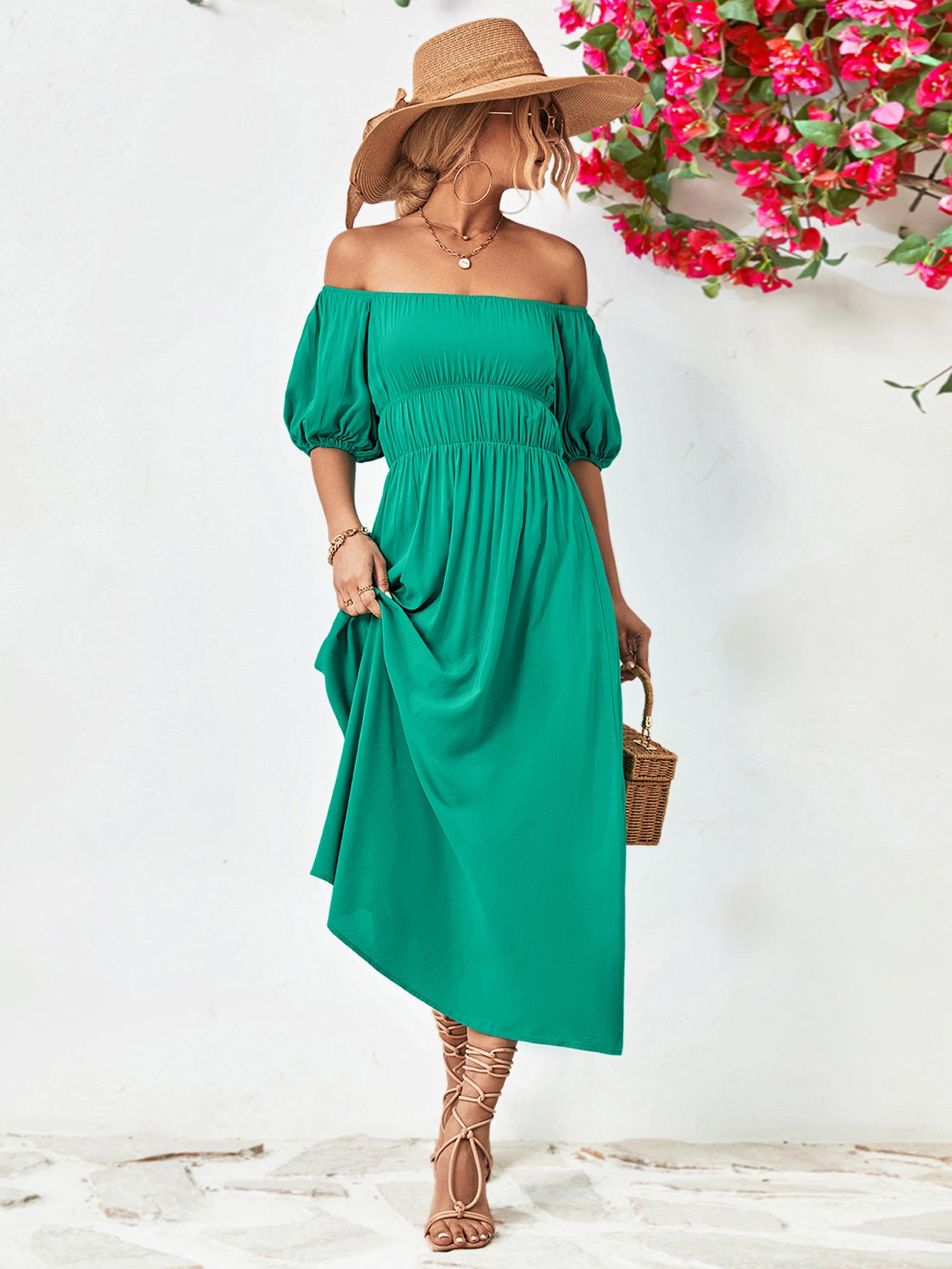 The Off-Shoulder Balloon Sleeve Midi Dress