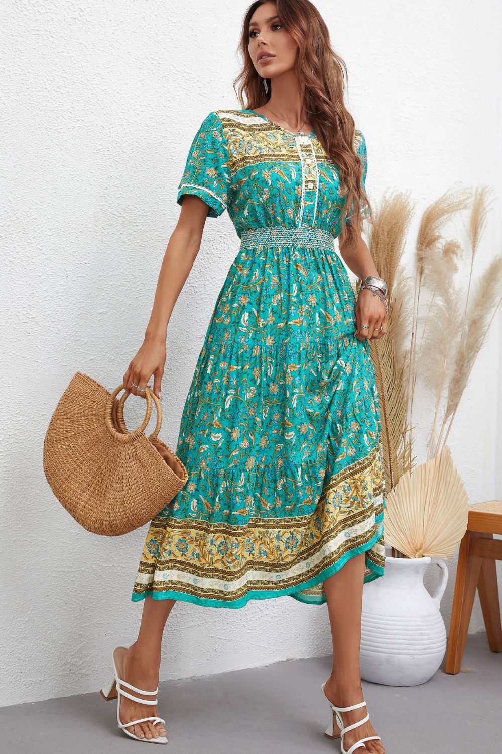 The Teal Bohemian Short Sleeve Midi Dress