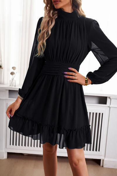 The Ruched Mock Neck Balloon Sleeve Dress