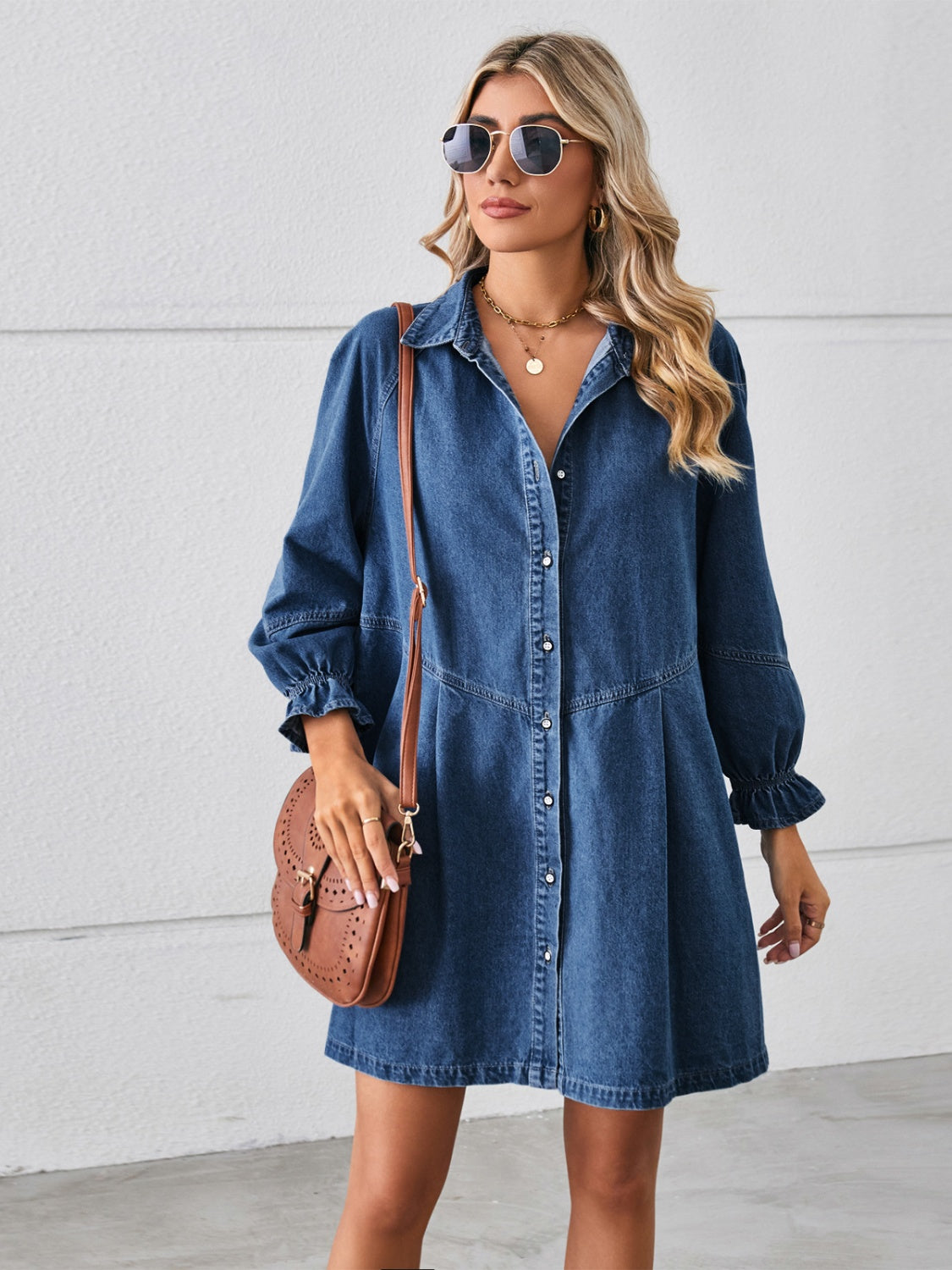 The Button Me Up Flounce Sleeve Mini Denim Dress