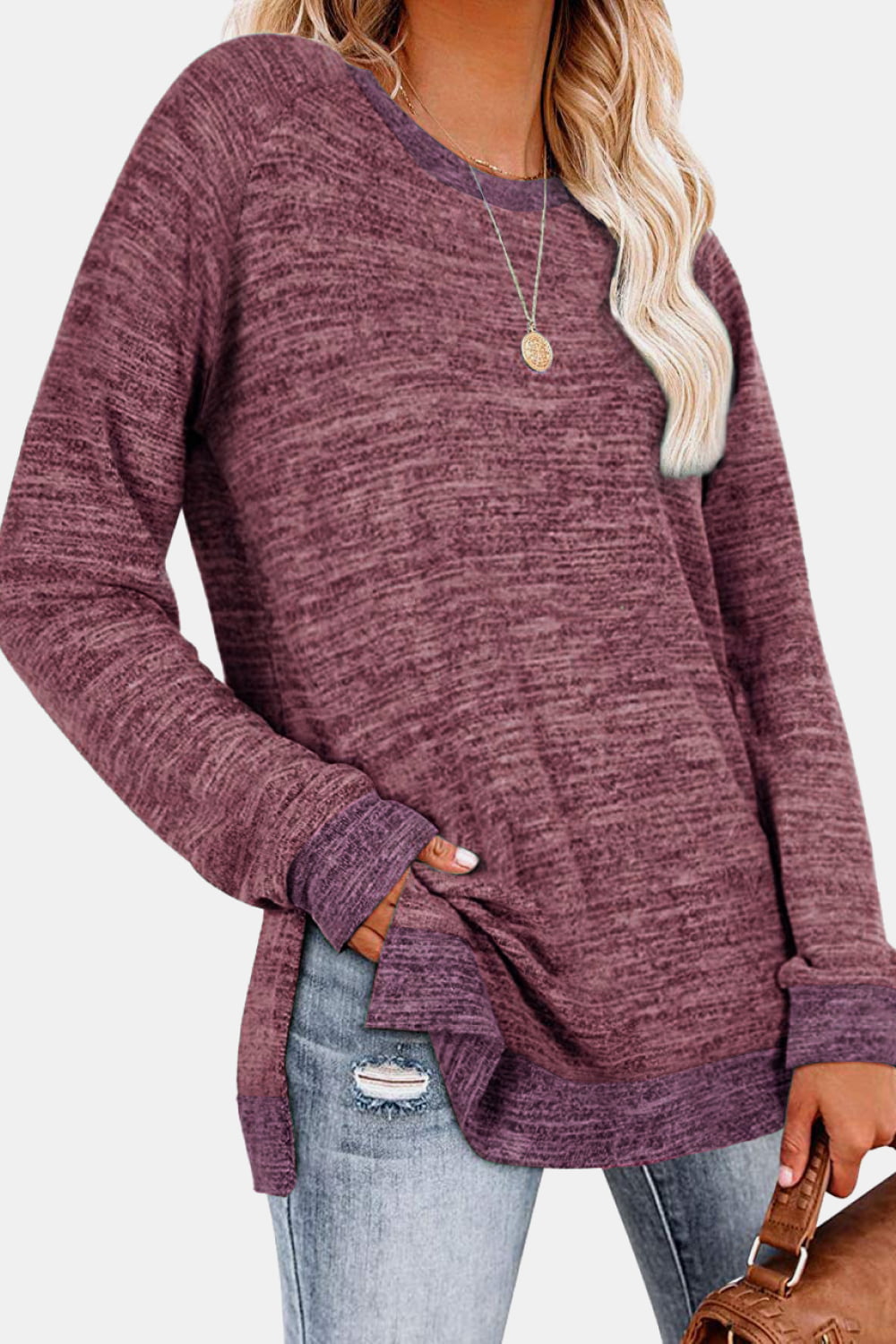 The Round Neck Long Sleeve Slit Sweatshirt