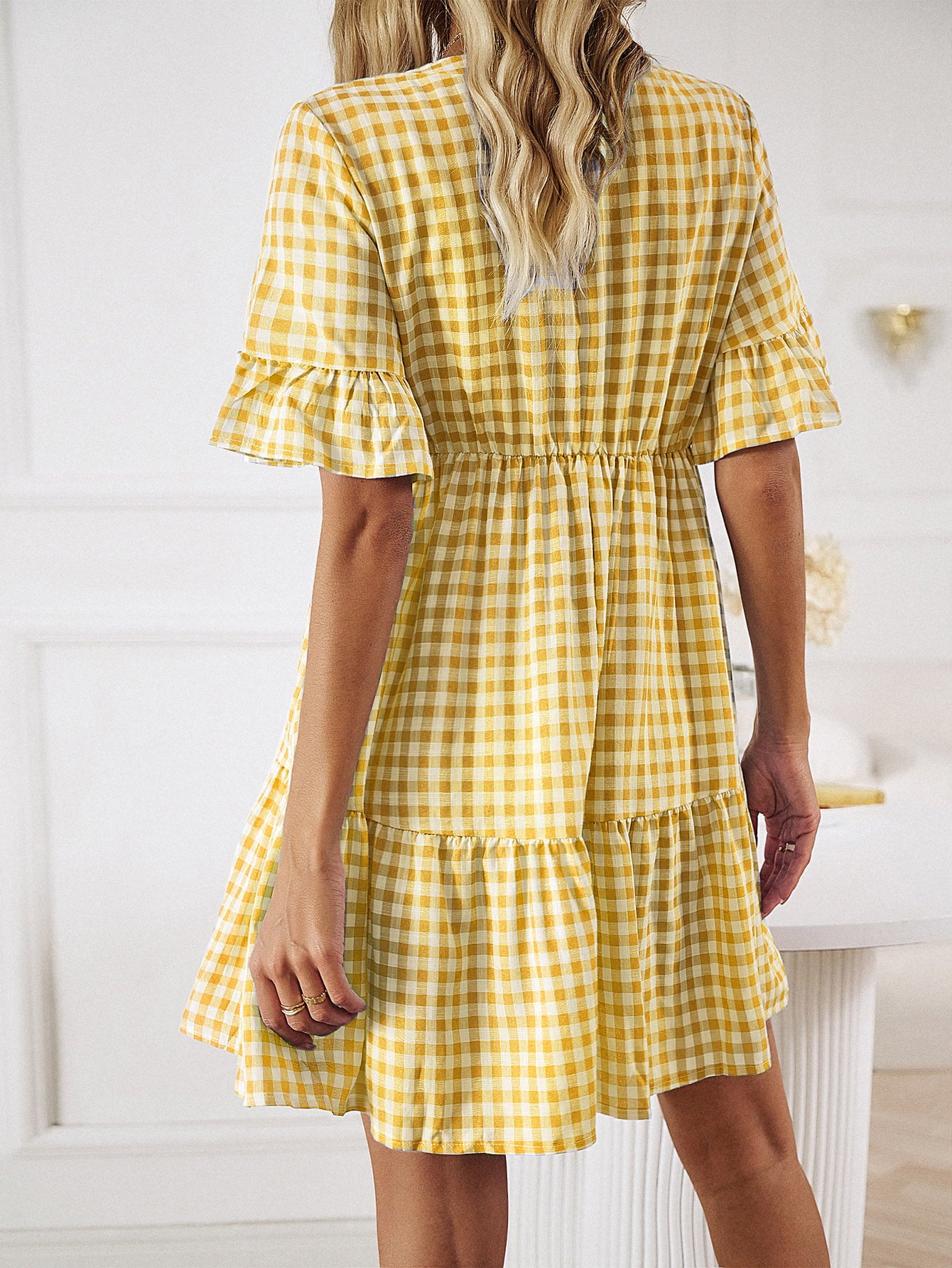 The Plaid Flounce Sleeve Buttoned Mini Dress