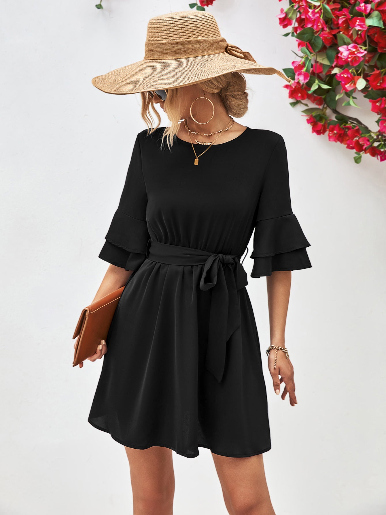 The Thriver Tie Belt Flounce Sleeve Dress