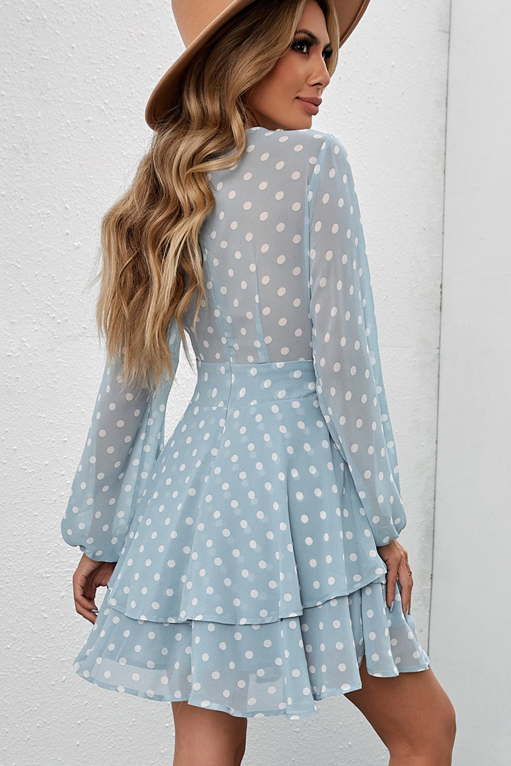 The Misty Blue Polka Dot Balloon Sleeve Dress