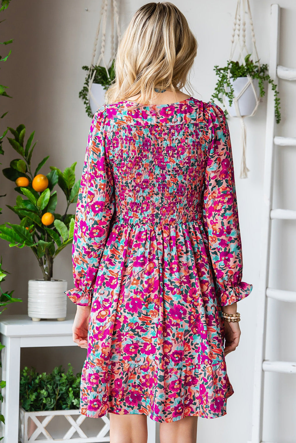 The Three-Quarter Floral Flounce Sleeve Dress