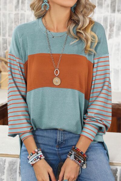 The Striped Round Neck Lantern Sleeve Sweatshirt