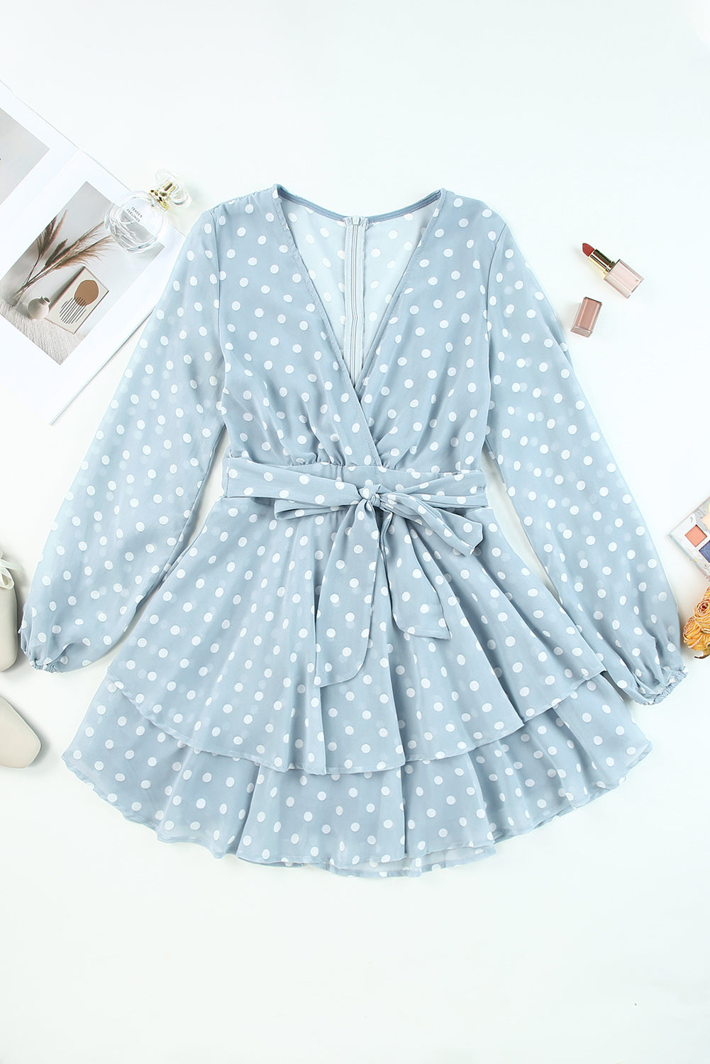 The Misty Blue Polka Dot Balloon Sleeve Dress