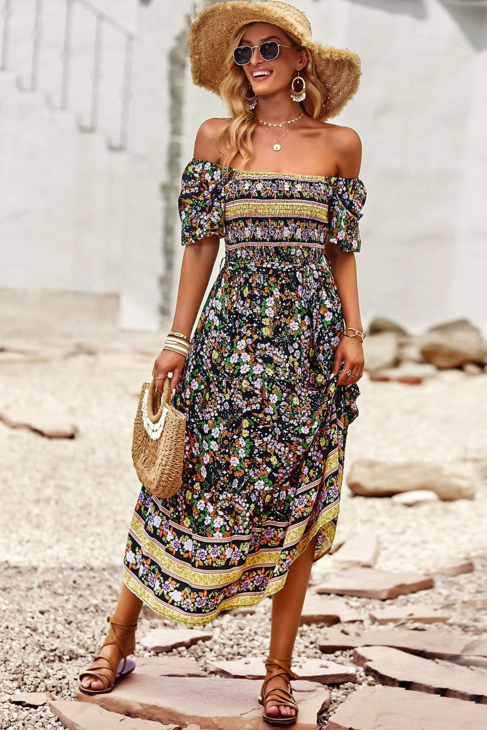 The Bohemian Square Neck Short Sleeve Midi Dress