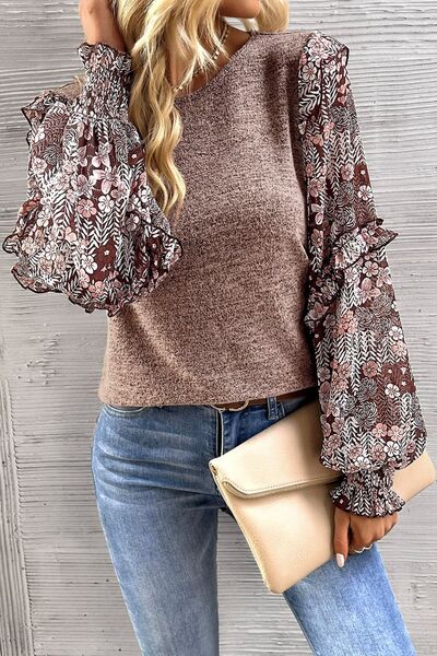 The Heathered Floral Frill Lantern Sleeve Blouse