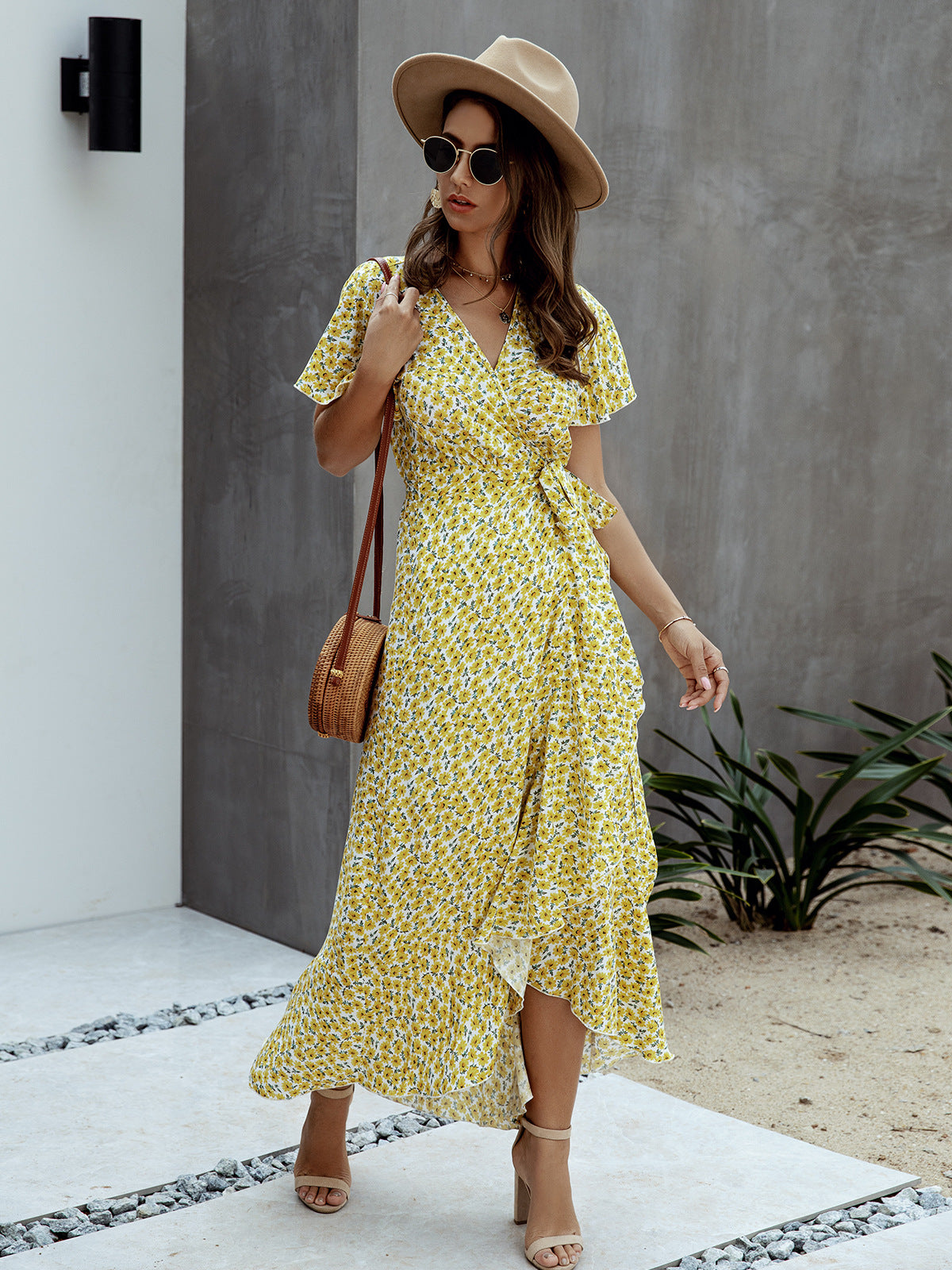 The Yellow Floral Tied Flutter Sleeve Dress