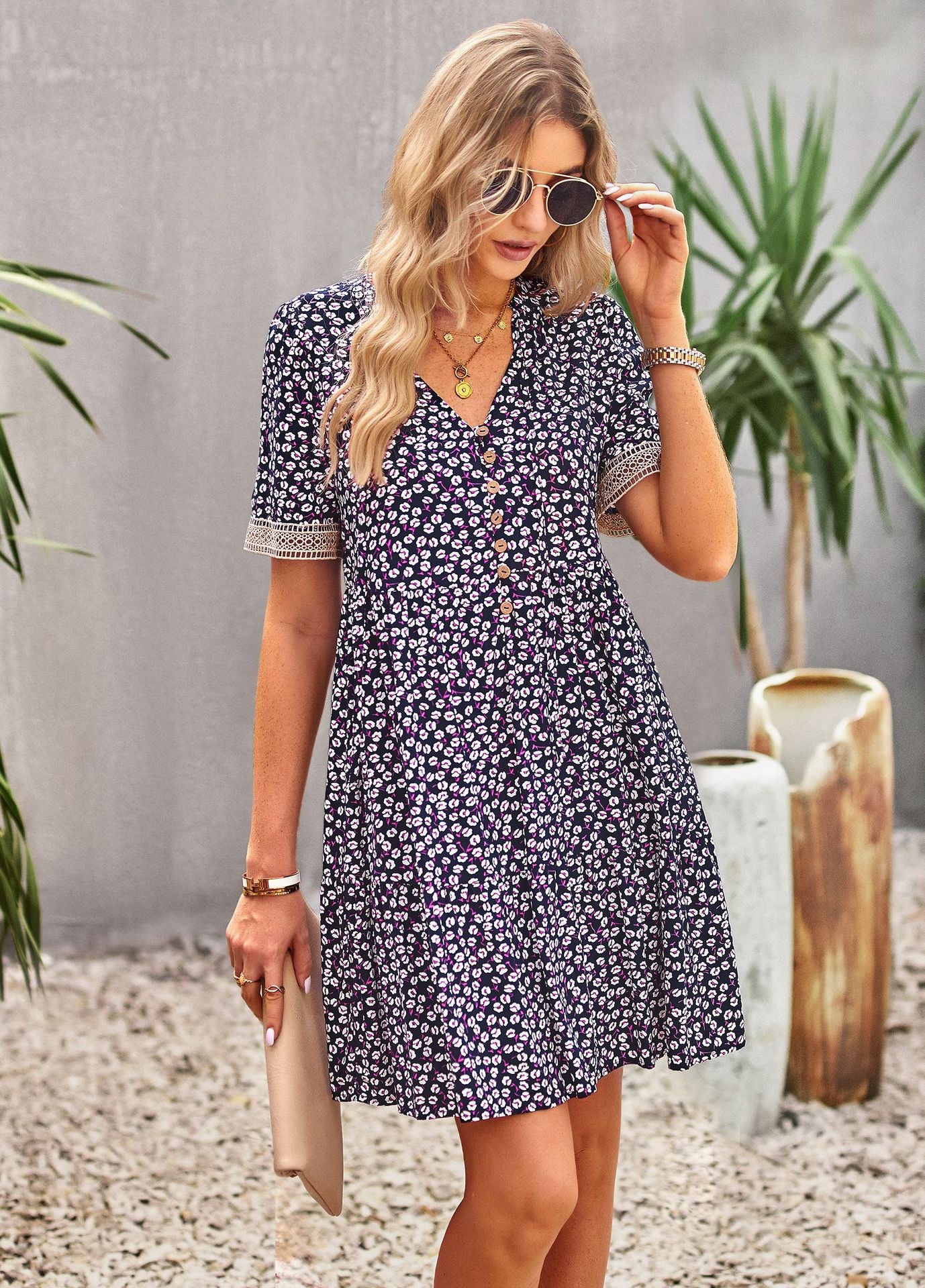 The Violet Floral Buttoned Puff Sleeve Dress