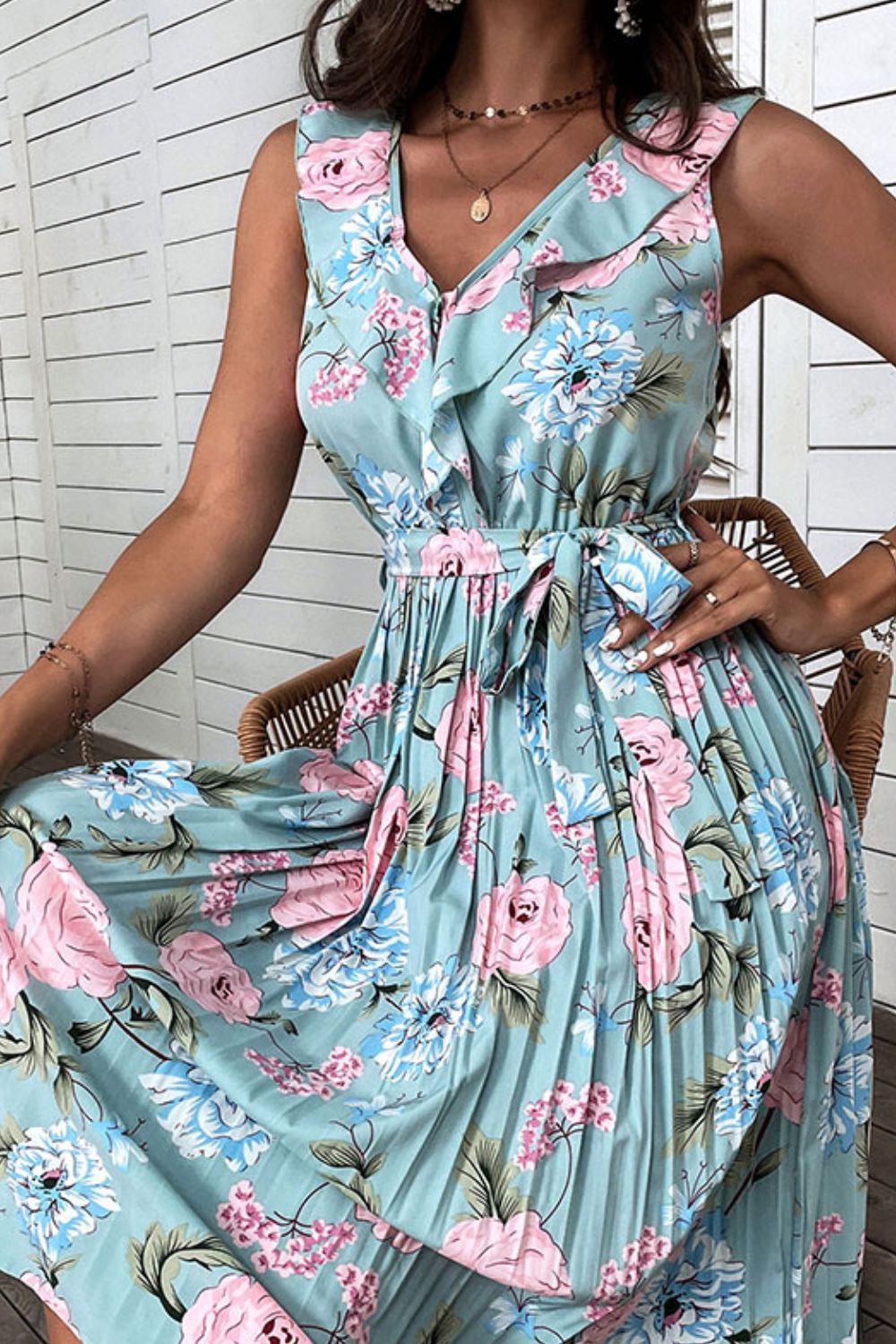 Dusty blue floral 2024 pleated midi dress