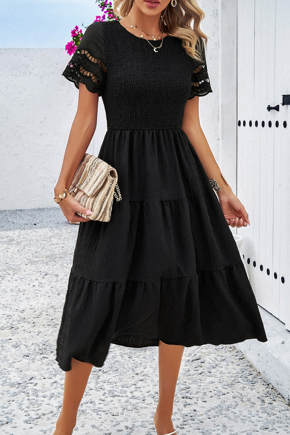 The Smocked Lace Detail Midi Dress