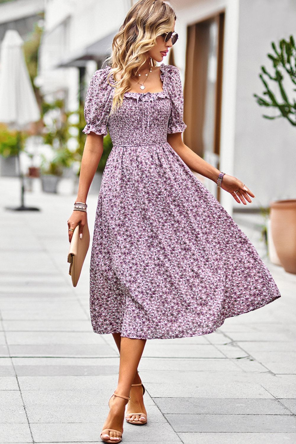 The Purple Floral Ruffled Square Neck Dress with Pockets