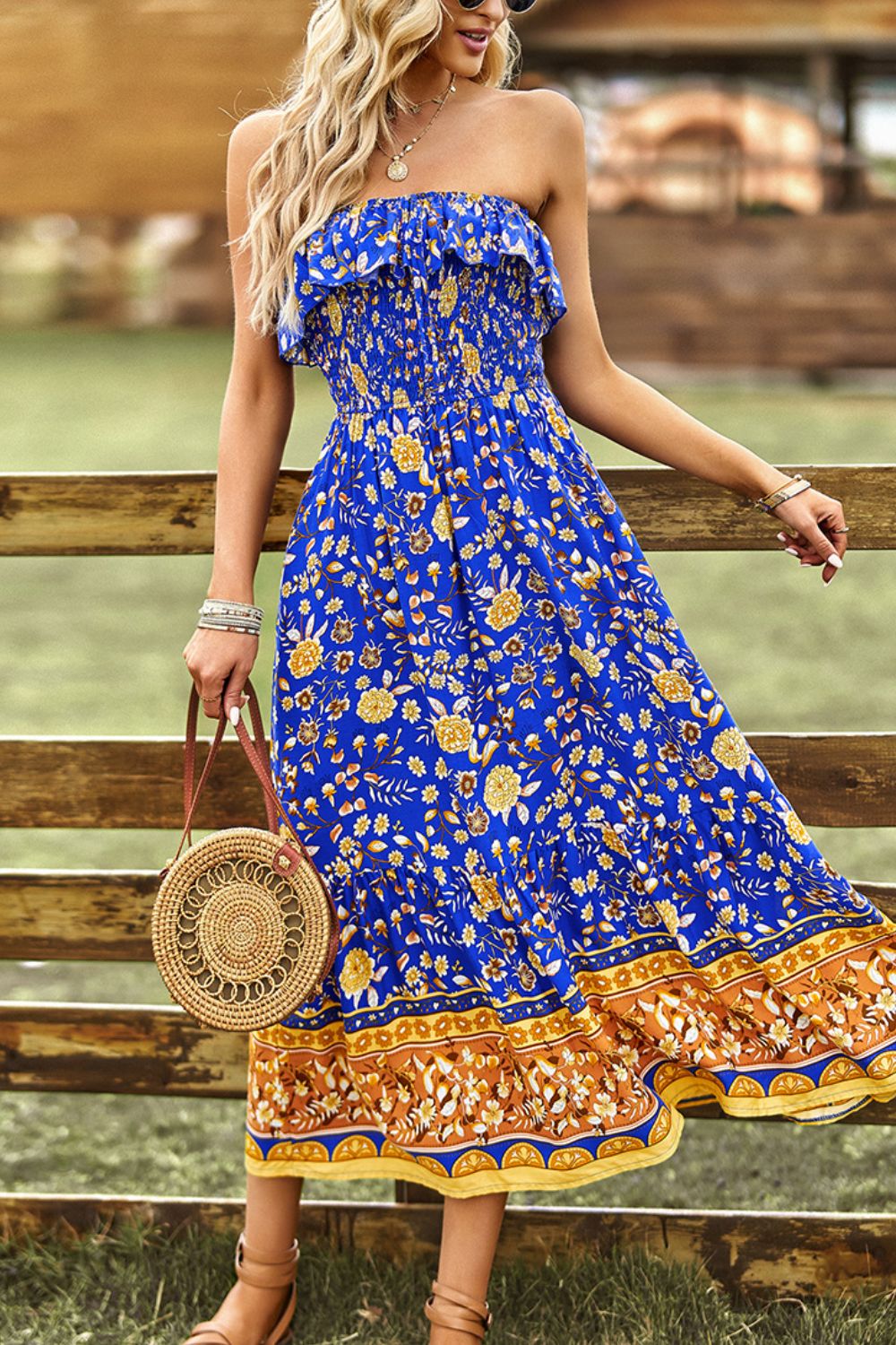 The Blue Bohemian Strapless Midi Dress