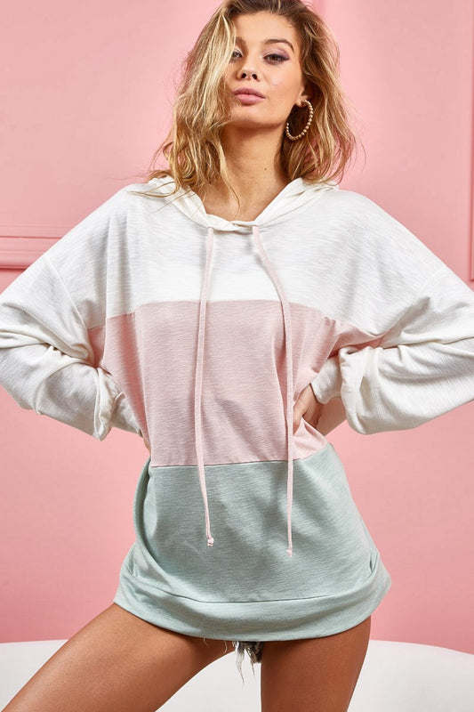 The Drawstring Color Block Hooded Long Sleeve Top