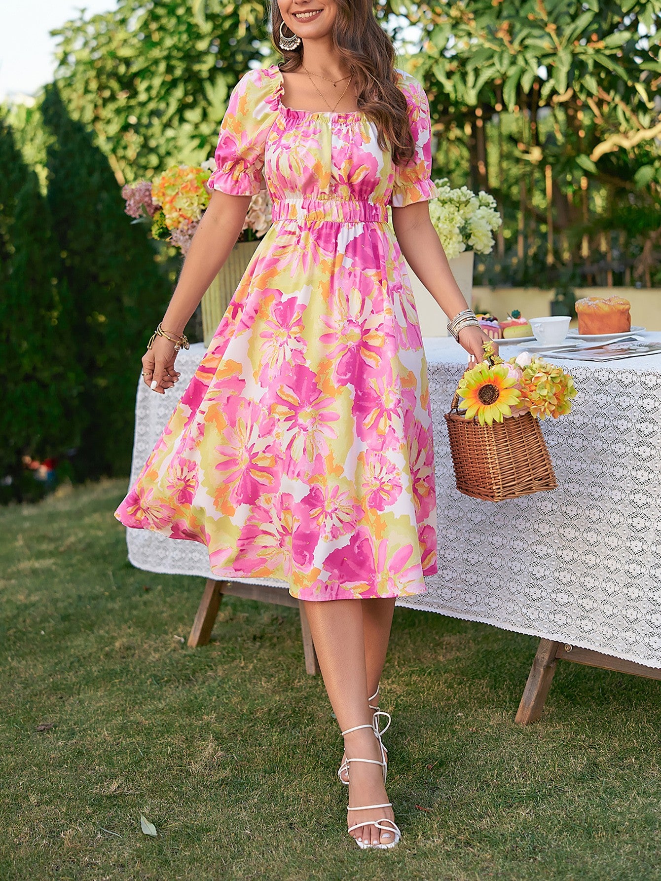 The Colorful Floral Frill Trim Dress