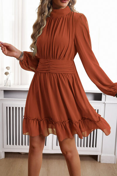 The Ruched Mock Neck Balloon Sleeve Dress