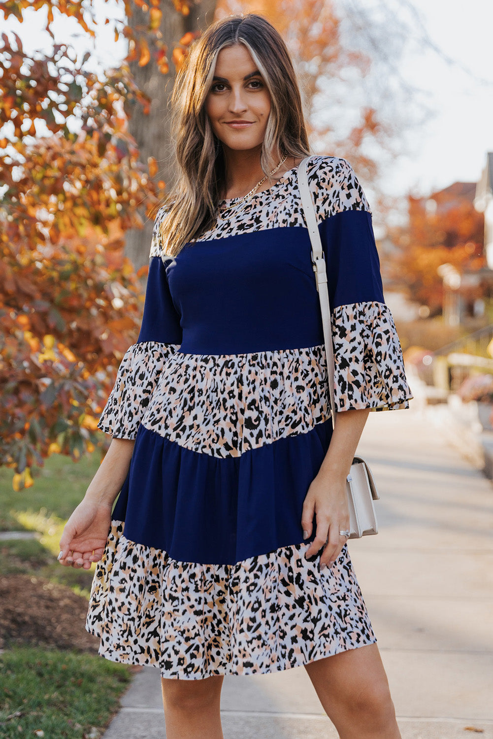 The Animal Print Color Block Flare Sleeve Dress