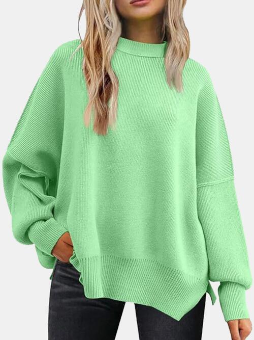 The Round Neck Drop Shoulder Slit Sweater