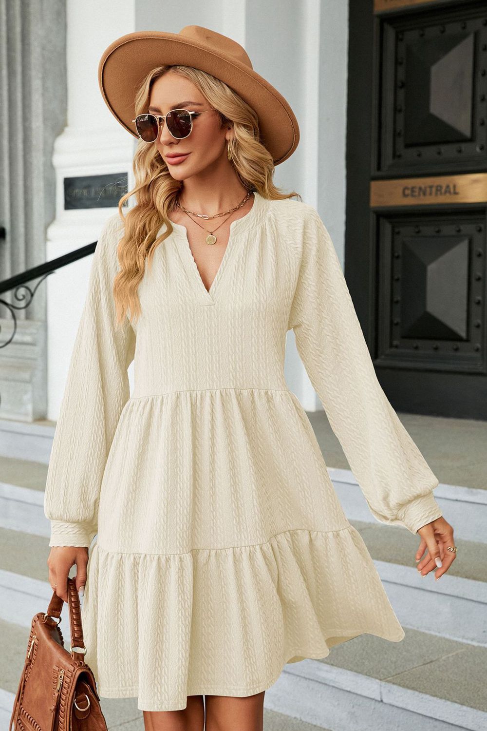 The Notched Neck Long Sleeve Mini Dress